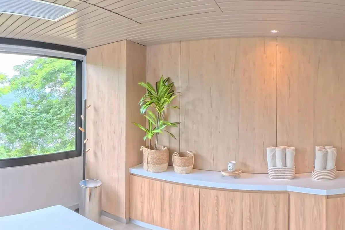 Interior del spa con ventanal hacia la vegetación