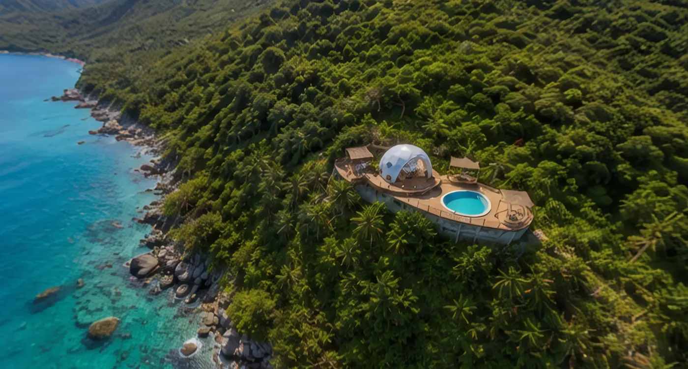 Vista aérea de un alojamiento con domo y piscina en medio de un bosque tropical junto al mar