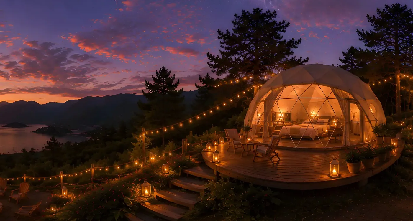 Domo de glamping iluminado de noche entre árboles, frente a un lago
