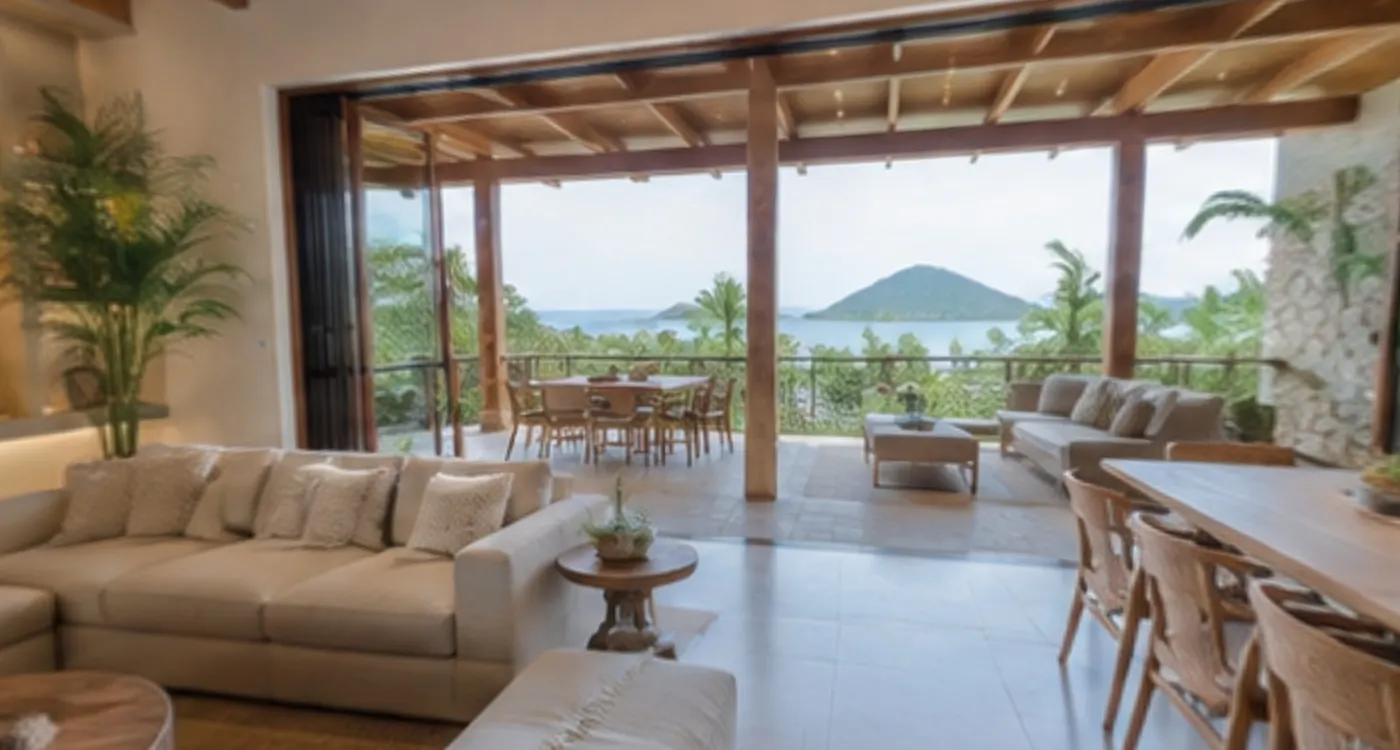 Sala amplia con techo de madera que se abre a una terraza con vista a las montañas y al agua